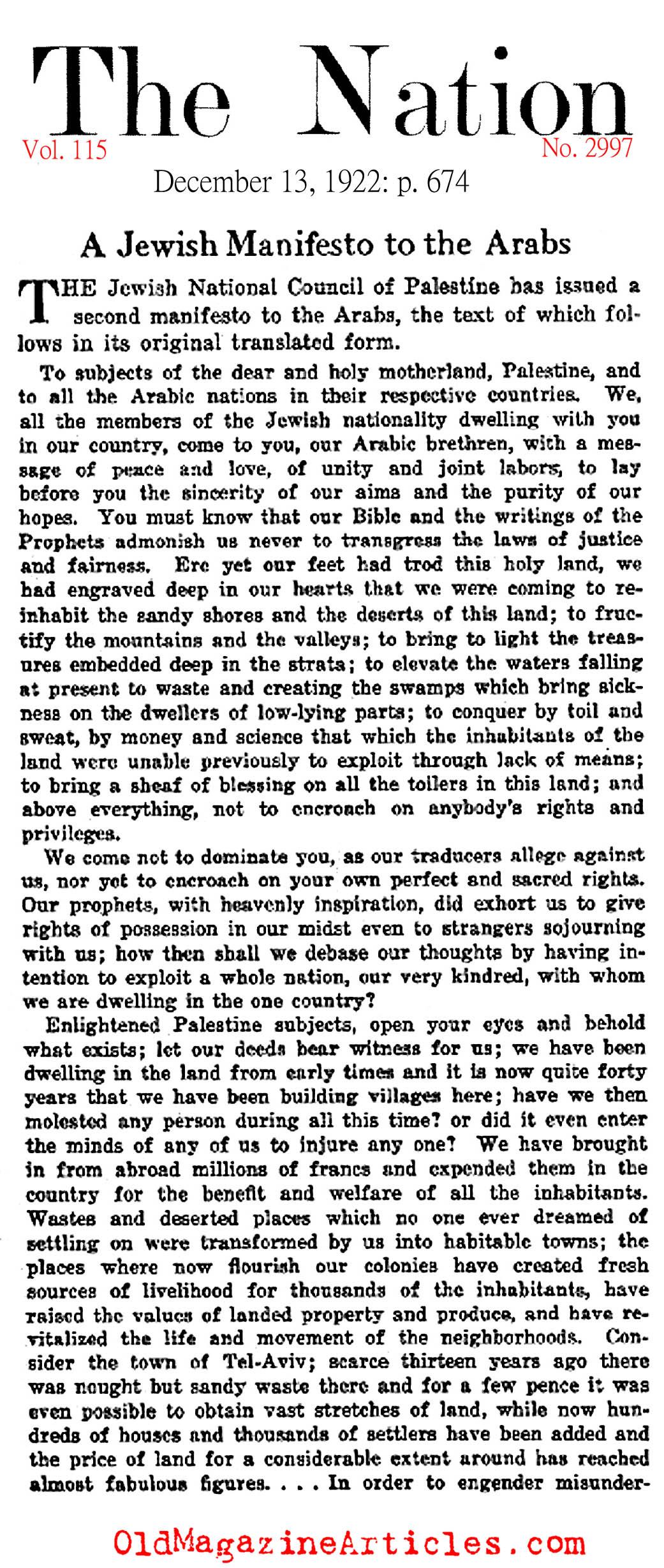 A Desire for Peace in British Palestine (The Nation, 1922)